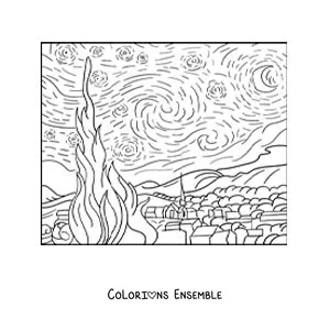 Image à colorier de La Nuit étoilée de Van Gogh