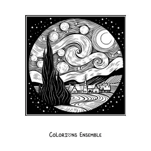 Image à colorier du tableau La nuit étoilée de Vincent van Gogh