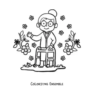 Image à colorier d'une tendre petite mamie entourée de fleurs
