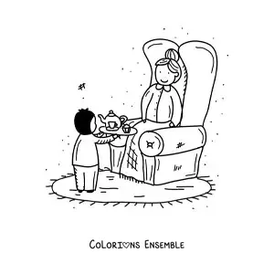 Image à colorier d'une mamie assise pendant que son petit-fils lui sert le thé