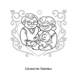 Image à colorier d'un couple de grands-parents qui portent leur petit-fils bébé