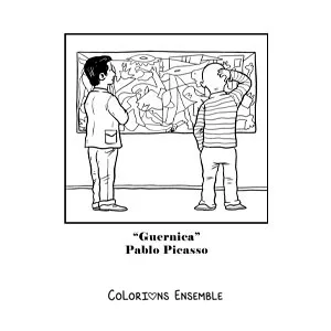 Image à colorier d'une caricature du tableau Guernica de Pablo Picasso