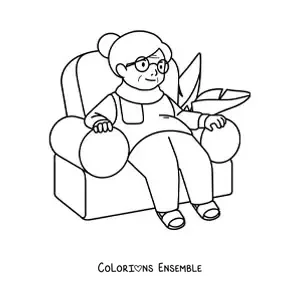 Image à colorier d'une mamie assise dans un fauteuil