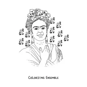 Image à colorier d'un portrait de Frida Kahlo avec des fleurs