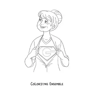 Image à colorier d'une mamie en costume de super-héroïne