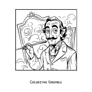 Image à colorier de Salvador Dalí, version dessin animé, en train de peindre