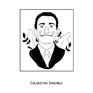 Image à colorier d'un portrait en dessin animé de Salvador Dalí