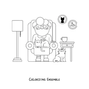 Image à colorier d'une mamie assise dans un salon avec des chats