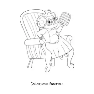 Image à colorier d'une mamie qui tient une tablette