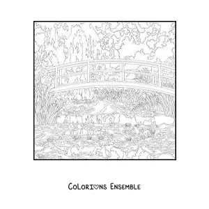 Image à colorier du tableau des Nymphéas de Claude Monet dans le style impressionniste