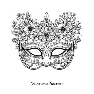 Image à colorier d'un loup de carnaval avec des fleurs