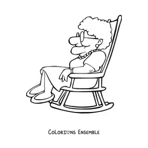 Image à colorier d'une mamie assise de profil dans un rocking-chair