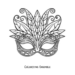 Image à colorier d’un masque de carnaval avec des formes géométriques et des plumes