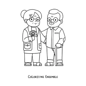 Image à colorier d'une mamie à côté d'un papi avec une canne
