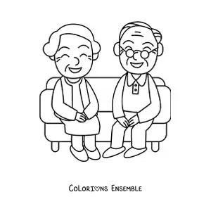 Image à colorier d'une mamie et d'un papi assis sur un canapé
