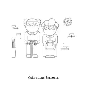 Image à colorier d'une petite mamie à côté d'un petit papi
