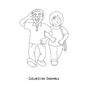 Image à colorier d'une mamie et d'un papi qui marchent ensemble