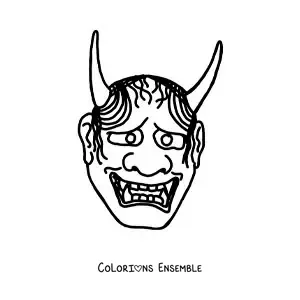 Image à colorier d’un masque japonais Hannya façon dessin animé