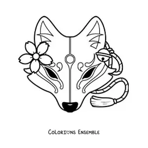 Image à colorier d’un masque japonais Kitsune façon dessin animé