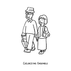 Image à colorier d'une mamie et d'un papi avec leurs bagages de voyage