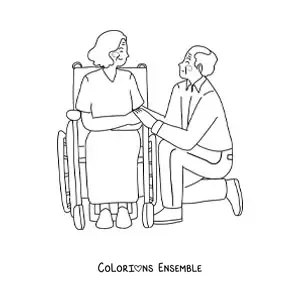 Image à colorier d'un papi agenouillé à côté d'une mamie en fauteuil roulant