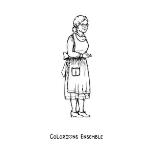 Image à colorier d'une petite mamie avec un tablier et des lunettes
