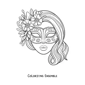 Image à colorier d’un masque de reine du carnaval avec des fleurs pour les filles