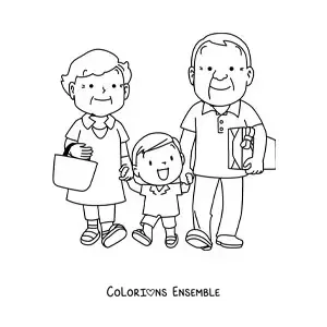 Image à colorier d'un couple de grands-parents qui tiennent leur petit-fils par la main