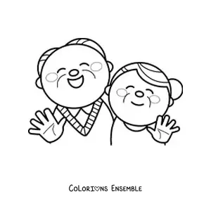 Image à colorier d'un couple de petits grands-parents kawaii