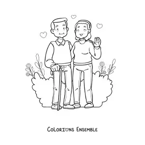 Image à colorier d'un couple de grands-parents qui saluent joyeusement