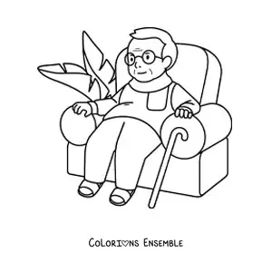 Image à colorier d'un papi avec une canne assis dans un fauteuil