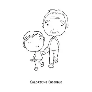 Image à colorier d'un papi kawaii debout à côté de son petit-fils