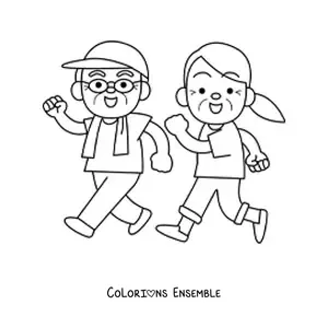 Image à colorier d'un couple de grands-parents qui font de l'exercice