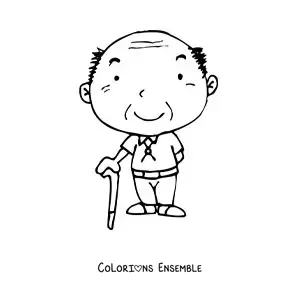Image à colorier d'un papi kawaii souriant, debout avec une canne