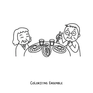 Image à colorier d'un papi et d'une mamie qui dînent