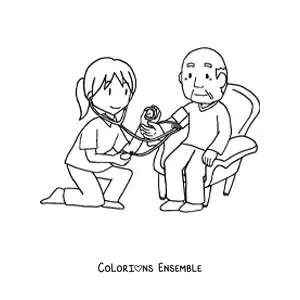 Image à colorier d'un papi à un rendez-vous médical avec une docteure
