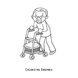 Image à colorier d'un papi kawaii qui marche avec un déambulateur