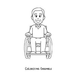 Image à colorier d'un papi kawaii souriant dans un fauteuil roulant