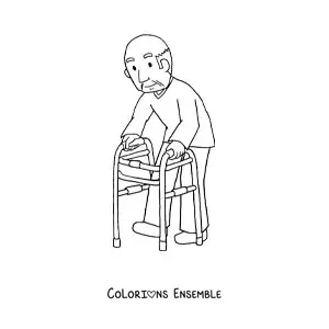 Image à colorier d'un papi avec un déambulateur