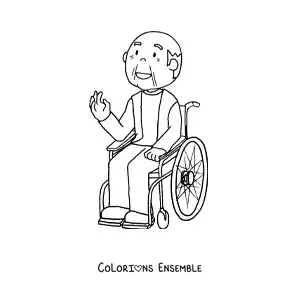 Image à colorier d'un papi dans un fauteuil roulant qui salue