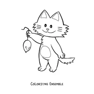 Image à colorier d’un chat tenant une souris par la queue