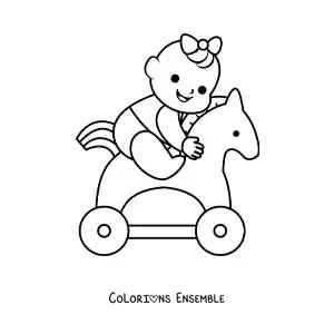 Image à colorier d'une petite fille qui joue sur un cheval à bascule
