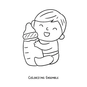 Image à colorier d'un bébé en couche qui serre un biberon dans ses bras