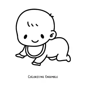 Image à colorier d'un bébé avec un bavoir qui rampe à quatre pattes