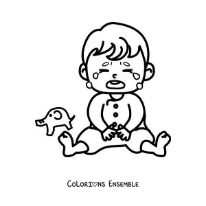 Image à colorier d'un bébé assis qui pleure à côté d'un jouet
