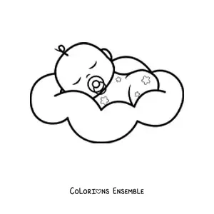 Image à colorier d'un bébé qui dort avec une tétine dans la bouche