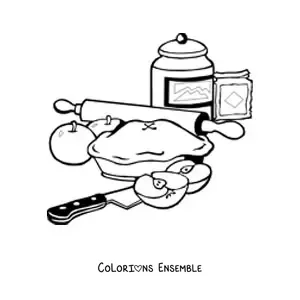 Image à colorier d’une tarte aux pommes avec des ingrédients, un couteau et un rouleau à pâtisserie