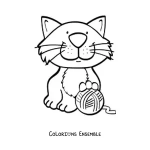 Image à colorier d’un chat assis jouant avec une pelote de laine