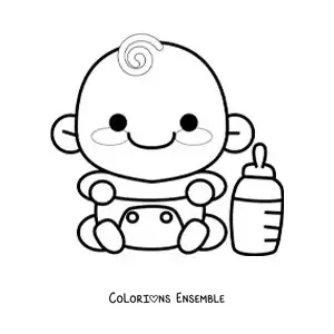 Image à colorier d'un bébé kawaii en couche à côté d'un biberon
