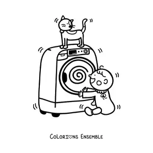 Image à colorier d'un bébé qui joue avec un chat animé sur un sèche-linge